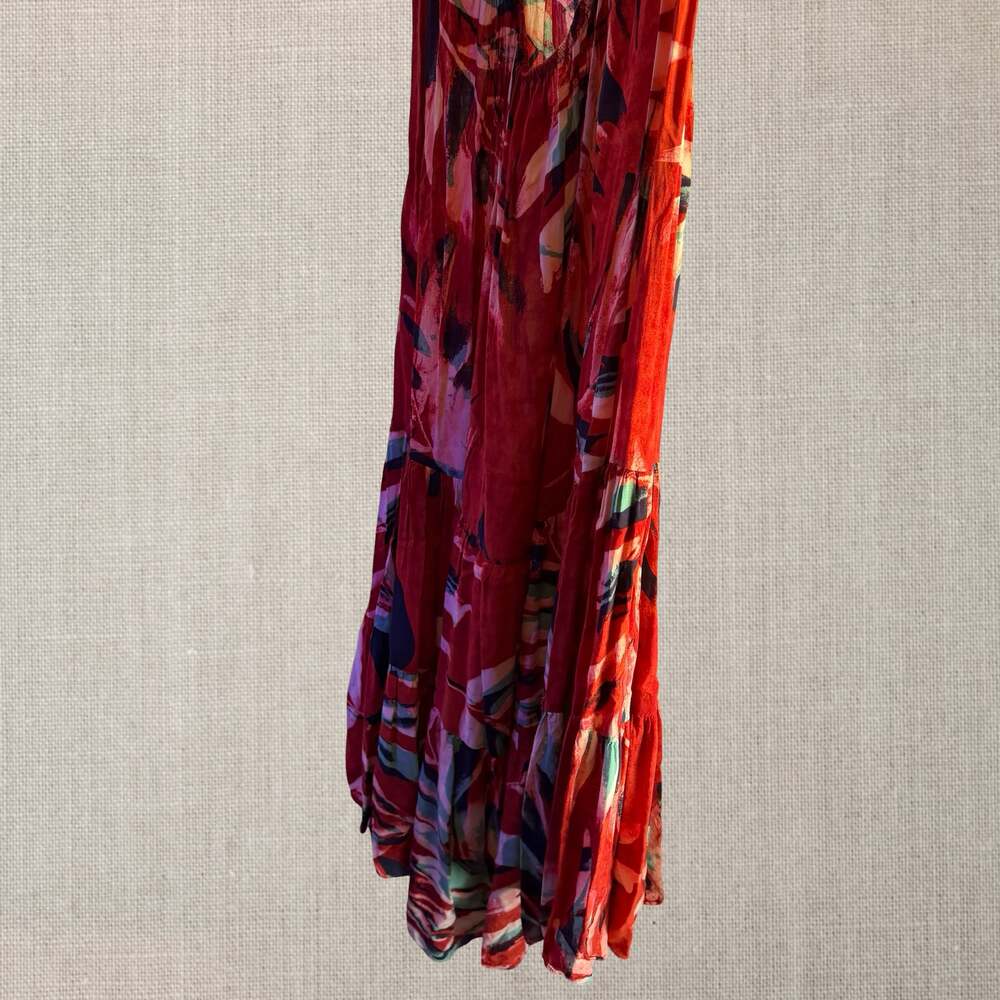 Anthropologie Red Tropical Print Deep V-Neck Tiered Maxi Dress tropical goddess - Picture 12 of 12